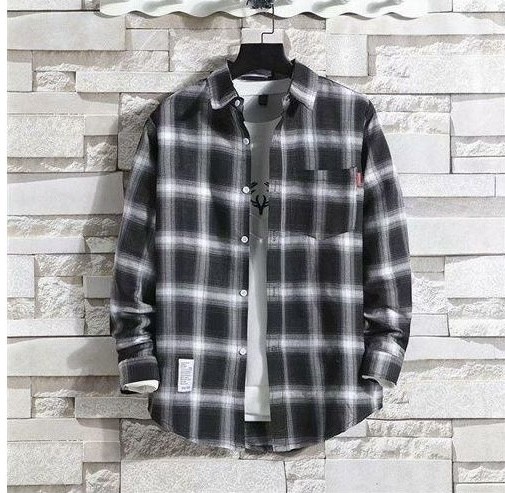 Dou-color Men's Long Sleeve Plaid Shirt - Black