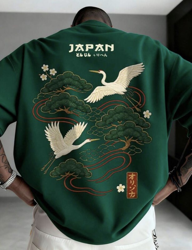 Zrgoth Men's Casual Versatile Minimalist Japanese Crane Print Short Sleeve T-Shirt