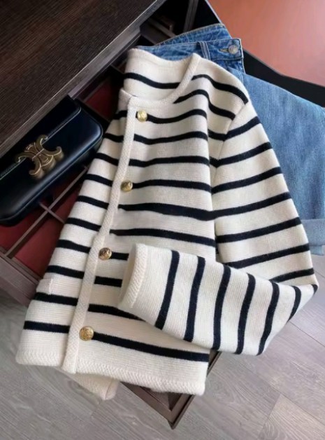 Women Stripe Knitted Cardigans Spring Autumn O-neck