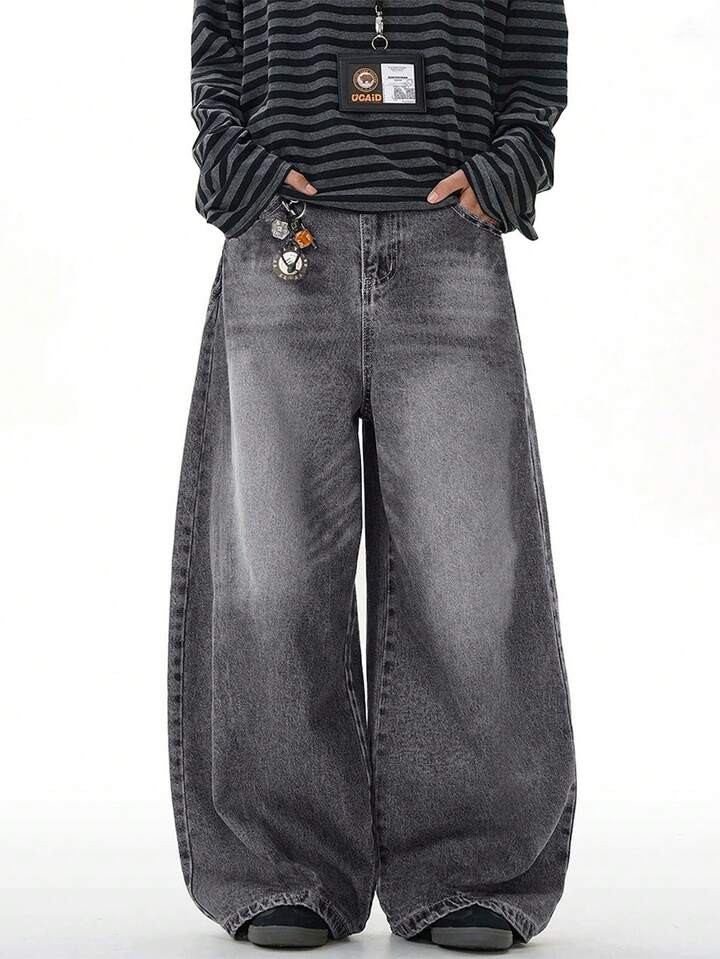 1pc Justice Brother Vintage Washed Loose Fit Wide Leg Jeans, Casual & Couple Style (Distressed Hem)