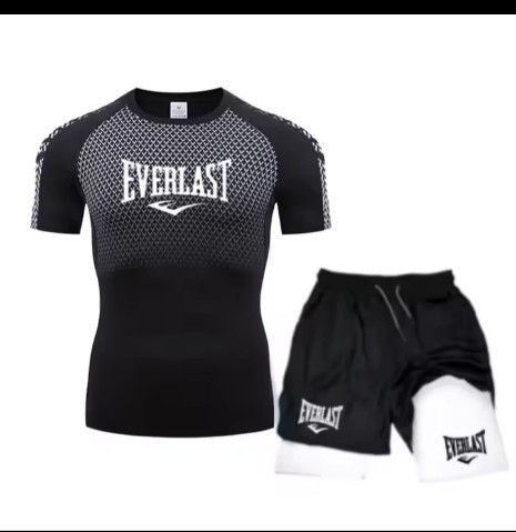 EVERLAST Men's Compress Shirt + 2-in-1 sports shorts 2pcs Set Leisure Breath Short Sleeve Sport
